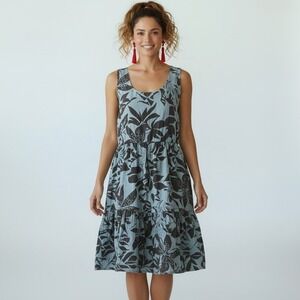 New Mode Italy 100% Linen Floral Tiered Midi Dress Tropical Resortwear casual XS